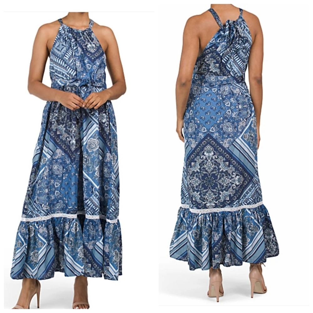 Lucky Brand‎ Women's Halter Neck Flounce Hem Cotton Floral Summer Maxi Dress L